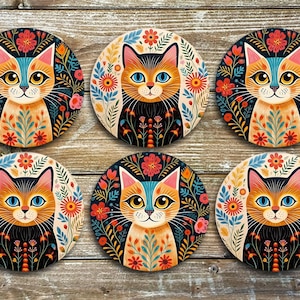 Floral Cats, Drink Coasters, Set Of 6 Non Slip Neoprene Coasters, Novelty Coasters