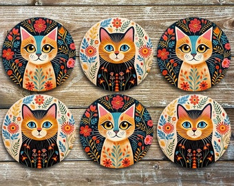 Floral Cats, Drink Coasters, Set Of 6 Non Slip Neoprene Coasters, Novelty Coasters