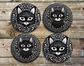 Black Cat Drink Coasters, Set of 4 Round Neoprene Cat Coasters