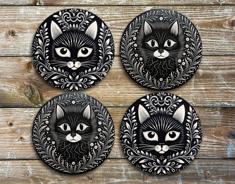 Black Cat Drink Coasters, Set of 4 Round Neoprene Cat Coasters image 1