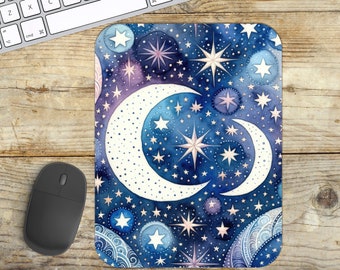 Stars and Moons Mouse Pad, Non Slip Neoprene, Easy Glide Soft Fabric Top Mousepad, Celestial Mouse Pad