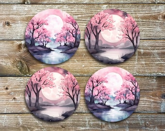 Pink Blossoms, Drink Coasters, Set of 4 Round Neoprene Coasters