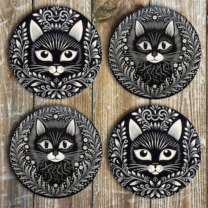 Black Cat Drink Coasters, Set of 4 Round Neoprene Cat Coasters image 3