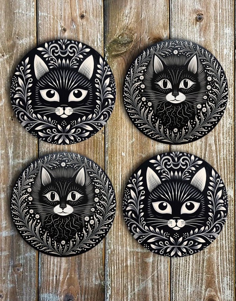 Black Cat Drink Coasters, Set of 4 Round Neoprene Cat Coasters image 3