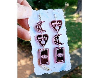 Moon, Planchette and Tarot Earrings, Pink Mirror Acrylic Earrings, Ouija Earrings, Tarot Card