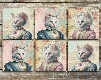 Vintage Lady Cats, Drink Coasters, Set Of 6 Non Slip Neoprene, Cat Coasters, Choose Square or Round Coasters,