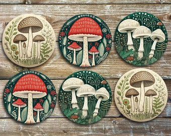 Mushroom Mix, Drink Coasters, Set of 6 Neoprene Mushroom Coasters