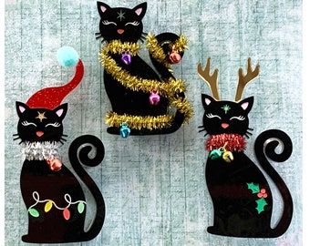 Christmas Cats Acrylic Brooches, Black Cat Brooches