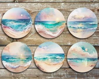 Beach Drink Coasters, Set Of 6 Non Slip Neoprene Coasters, Watercolour Beach Sunset Coaster Set