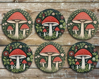 Mushrooms, Toadstools, Drink Coasters, Set Of 6 Non Slip Neoprene Coasters, Novelty Coasters