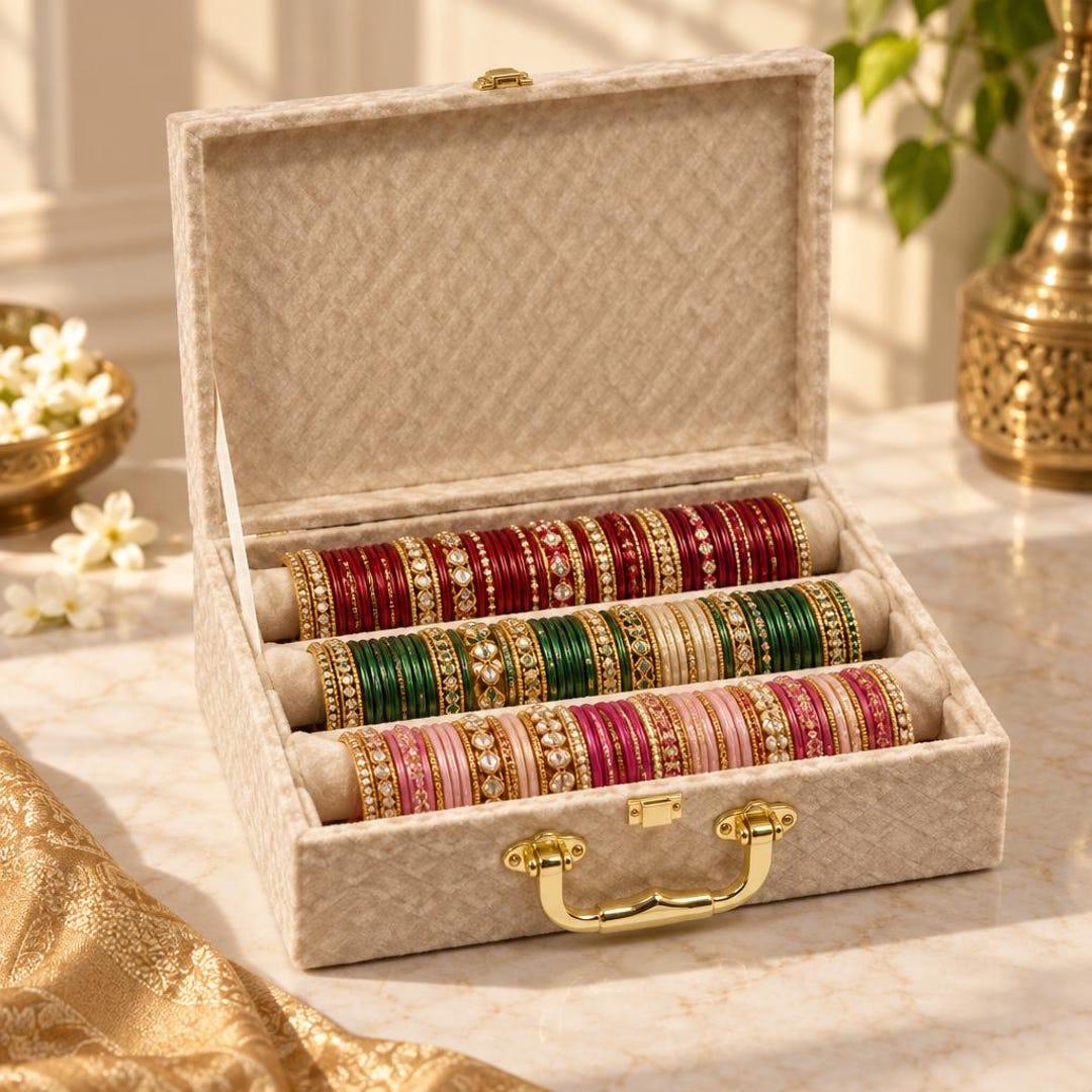 Velvet Bangle Storage Box With 3 Rods, Indian Bridal Jewellery Box ...