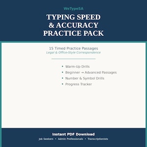 Peut inclure: Un document numérique intitulé WeTypeSA Typing Speed & Accuracy Practice Pack. Il comprend 15 passages d'entraînement chronométrés pour la correspondance juridique et de bureau, des exercices d'échauffement, des niveaux débutant à avancé et un suivi.