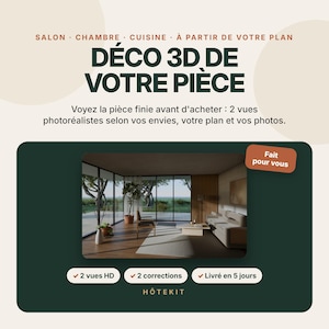 Puede incluir: Un anuncio de servicio digital titulado D&Eacute;CO 3D DE VOTRE PI&Egrave;CE que muestra una representaci&oacute;n fotorrealista de dise&ntilde;o de interiores de una sala con grandes ventanales, un sof&aacute; y una silla. El texto incluye SALON, CHAMBRE, CUISINE y H&Ocirc;TEKIT.