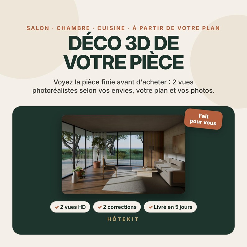 Puede incluir: Un anuncio de servicio digital titulado D&Eacute;CO 3D DE VOTRE PI&Egrave;CE que muestra una representaci&oacute;n fotorrealista de dise&ntilde;o de interiores de una sala con grandes ventanales, un sof&aacute; y una silla. El texto incluye SALON, CHAMBRE, CUISINE y H&Ocirc;TEKIT.