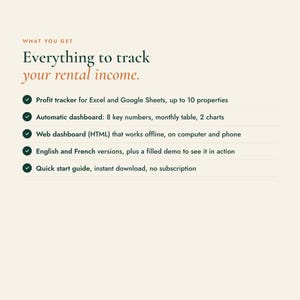 May include: A digital rental income tracker featuring the text: What you get, Everything to track your rental income. Includes a profit tracker for Excel and Google Sheets for 10 properties, an automatic dashboard, HTML web dashboard, and guide.