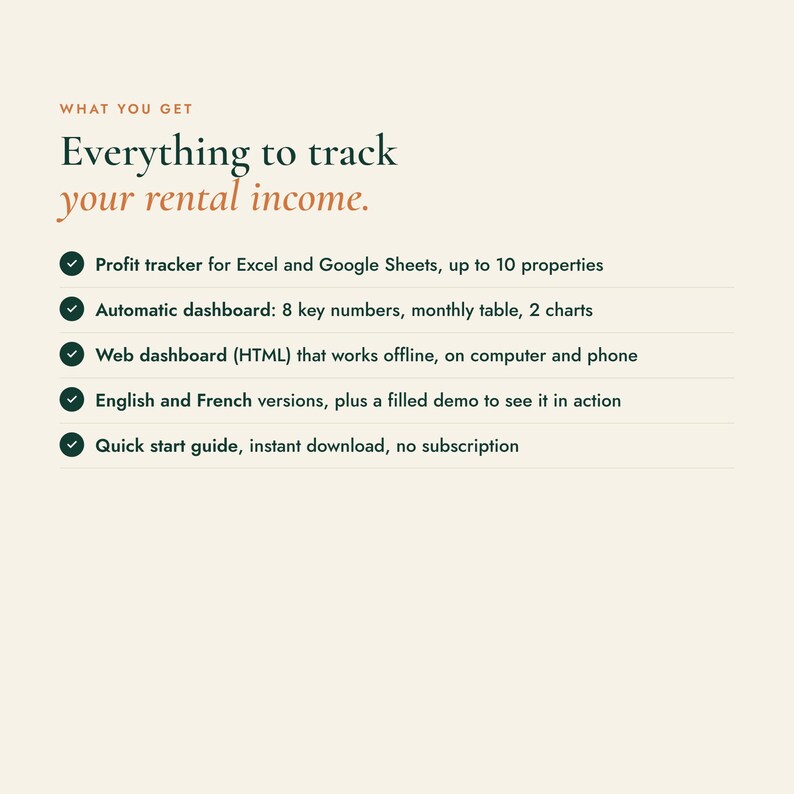 May include: A digital rental income tracker featuring the text: What you get, Everything to track your rental income. Includes a profit tracker for Excel and Google Sheets for 10 properties, an automatic dashboard, HTML web dashboard, and guide.