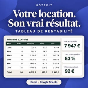 Kalkylblad för lönsamhet för säsongsuthyrning | Excel och Google Sheets | Inkomster, utgifter och beläggning | FR/EN