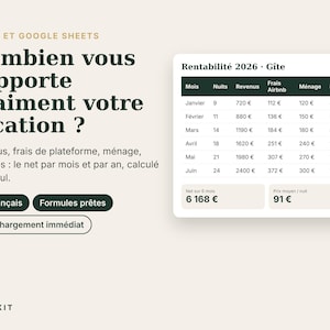 May include: A digital spreadsheet template for Excel and Google Sheets titled Combien vous rapporte vraiment votre location. It features a table calculating 2026 rental profitability with columns for months, nights, revenue, fees, and net income.