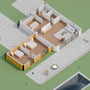 May include: An isometric architectural floor plan of a single-story house featuring two bedrooms, a living area, and a kitchen. The exterior includes a paved patio, a fire pit, and a rectangular swimming pool set in a green lawn area.