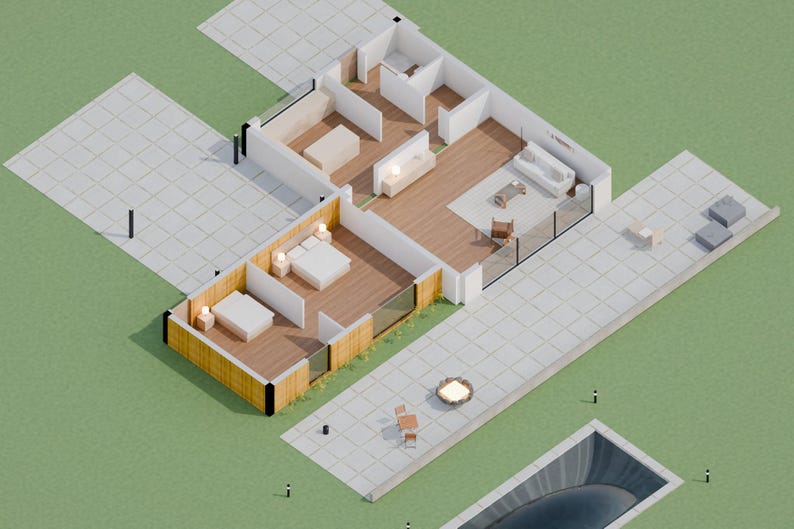 May include: An isometric architectural floor plan of a single-story house featuring two bedrooms, a living area, and a kitchen. The exterior includes a paved patio, a fire pit, and a rectangular swimming pool set in a green lawn area.