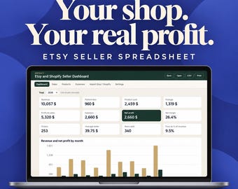 May include: A laptop screen displays the Hôtekit Etsy and Shopify Seller Dashboard spreadsheet. The interface shows financial data including revenue, platform fees, product costs, postage, profit, expenses, net profit, and net margin, with a bar chart for monthly revenue and net profit. The text reads: Hôtekit, Your shop. Your real profit. Etsy Seller Spreadsheet, Excel, Google Sheets.