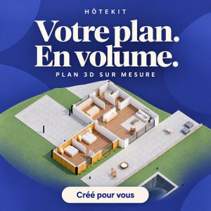 Puede incluir: Un plano arquitectónico 3D de HÔTEKIT titulado Votre plan. En volume. PLAN 3D SUR MESURE. El gráfico muestra la distribución de una casa moderna con dos dormitorios, una sala de estar y un patio exterior con hoguera. El texto Créé pour vous está abajo.
