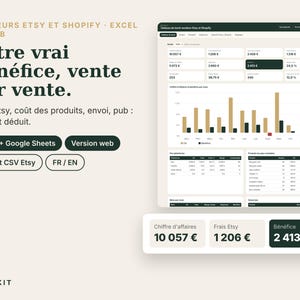 May include: A digital dashboard interface for Etsy and Shopify sellers displaying financial metrics, profit calculations, and sales data. The screen features bar charts, tables, and summary boxes with text in French, including the Hôtekit brand logo.