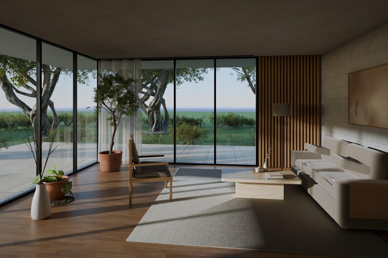 Puede incluir: Un interior de sala de estar con un sof&aacute; de color claro, una mesa de centro de madera, un sill&oacute;n de madera y una l&aacute;mpara de pie. Grandes ventanales de cristal revelan un paisaje exterior con &aacute;rboles. Plantas en macetas cerca.