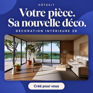 Puede incluir: Una visualizaci&oacute;n de dise&ntilde;o de interiores en 3D de H&Ocirc;TEKIT con el texto "Votre pi&egrave;ce. Sa nouvelle d&eacute;co. D&Eacute;CORATION INT&Eacute;RIEURE 3D" y "Cr&eacute;&eacute; pour vous". La habitaci&oacute;n incluye un sof&aacute; de color claro, una mesa de centro de madera, una silla y plantas.