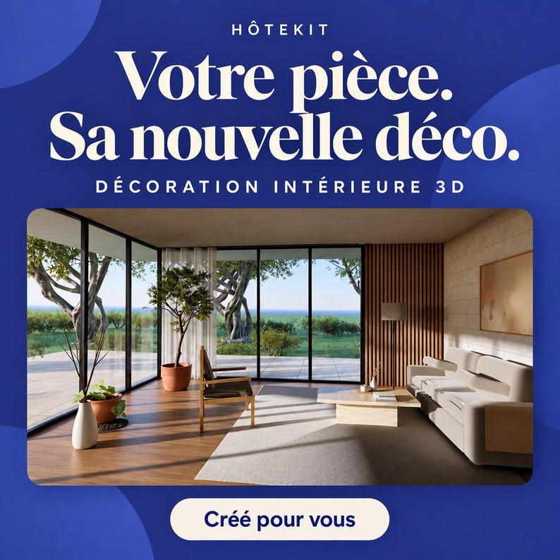 Puede incluir: Una visualizaci&oacute;n de dise&ntilde;o de interiores en 3D de H&Ocirc;TEKIT con el texto "Votre pi&egrave;ce. Sa nouvelle d&eacute;co. D&Eacute;CORATION INT&Eacute;RIEURE 3D" y "Cr&eacute;&eacute; pour vous". La habitaci&oacute;n incluye un sof&aacute; de color claro, una mesa de centro de madera, una silla y plantas.