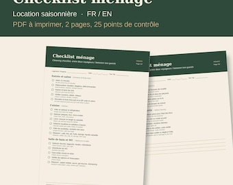 Checkliste für die saisonale Reinigung von Mietobjekten (FR EN) | Druckbare PDF-Datei für Ferienhäuser, Kurzzeitmietobjekte und Concierge-Services