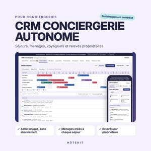 Puede incluir: Una interfaz de software CRM para gestión de propiedades mostrada en pantallas de escritorio y móvil. El panel presenta un calendario de reservas con estancias codificadas por colores, listas de huéspedes y herramientas etiquetadas como CRM CONCIERGERIE AUTONOME.