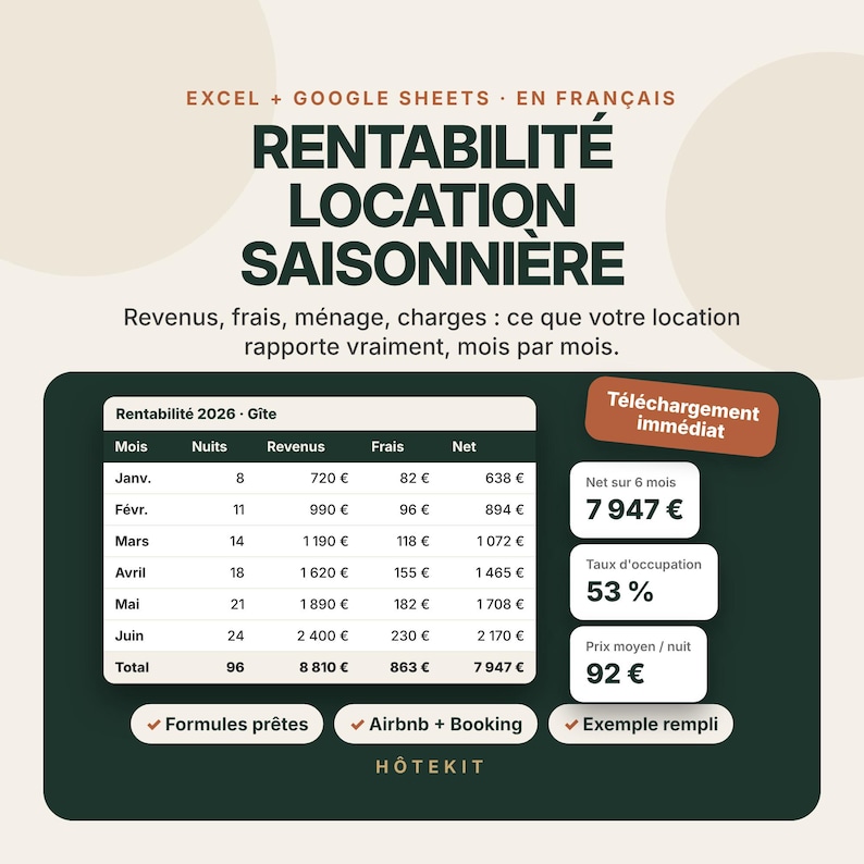 May include: A digital spreadsheet template for Excel and Google Sheets titled RENTABILIT&Eacute; LOCATION SAISONNI&Egrave;RE. It displays monthly rental income, expenses, and net profit data for 2026, including occupancy rates and average nightly pricing.