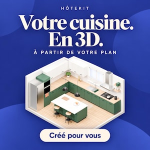 May include: A 3D isometric kitchen rendering with green cabinets, light wood countertops, a central island with two stools, a stainless steel refrigerator, and a stove hood. Text reads HÔTEKIT, Votre cuisine. En 3D. À PARTIR DE VOTRE PLAN, CRÉÉ pour vous.