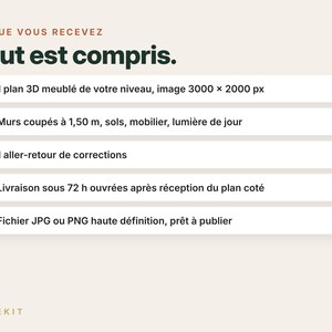 May include: A digital service information graphic with the heading CE QUE VOUS RECEVEZ Tout est compris. It lists five bullet points regarding 3D floor plans, wall heights of 1.50 m, revisions, 72-hour delivery, and file formats. H&Ocirc;TEKIT is at the bottom.