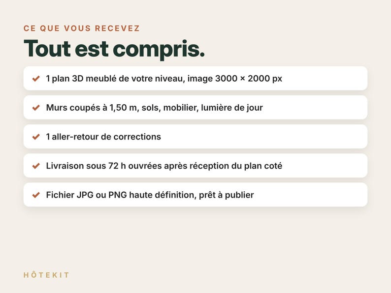 May include: A digital service information graphic with the heading CE QUE VOUS RECEVEZ Tout est compris. It lists five bullet points regarding 3D floor plans, wall heights of 1.50 m, revisions, 72-hour delivery, and file formats. H&Ocirc;TEKIT is at the bottom.