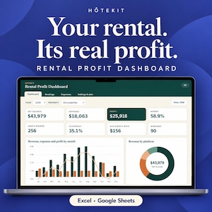 Puede incluir: Una pantalla de portátil que muestra el panel de control Hôtekit Rental Profit con datos financieros, incluyendo 43.979 $ de ingresos netos, 18.063 $ de gastos y 25.916 $ de beneficio. La interfaz incluye gráficos para Excel y Google Sheets.