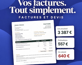 May include: A digital interface for Hôtekit featuring a white invoice document with text including Atelier Céleste, Facture, and financial data. To the right, three white boxes display CA encaissé 3 387 €, Cotisations 557 €, and En retard 640 €.