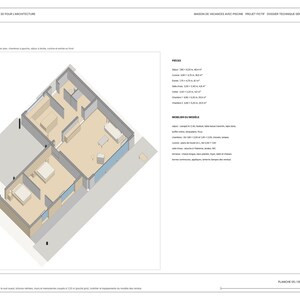 May include: An architectural 3D floor plan document titled PLAN 3D 1:125 featuring a top-down isometric view of a house layout with multiple rooms, furniture placements, and a detailed list of room dimensions and furniture specifications.