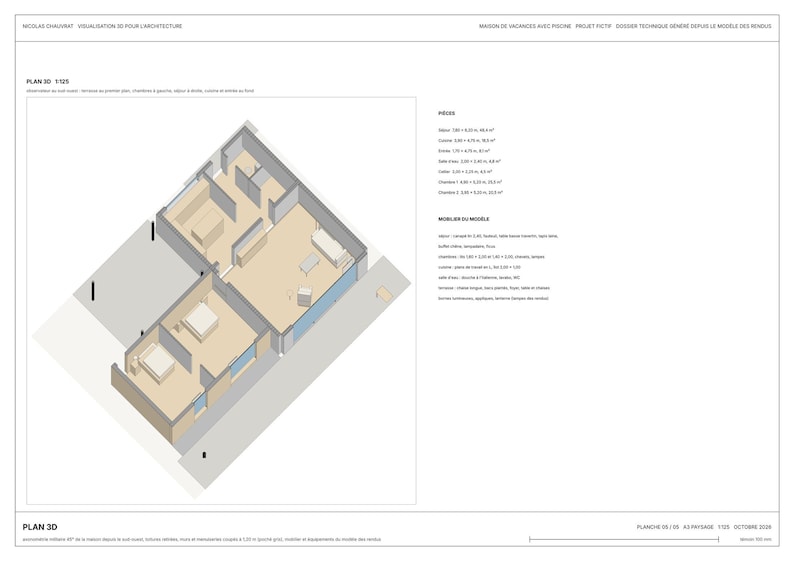 May include: An architectural 3D floor plan document titled PLAN 3D 1:125 featuring a top-down isometric view of a house layout with multiple rooms, furniture placements, and a detailed list of room dimensions and furniture specifications.