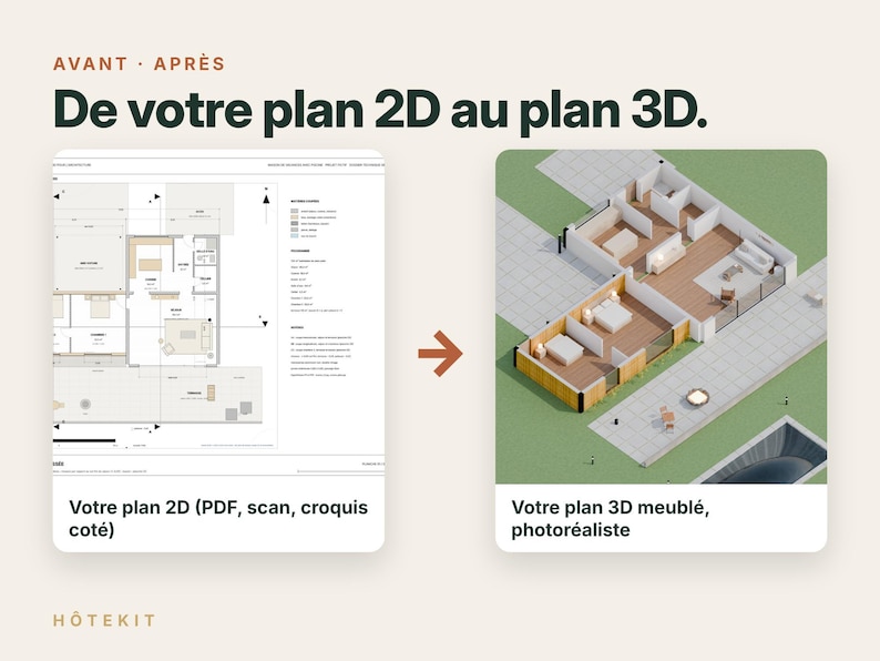 May include: A comparison graphic showing a 2D architectural floor plan on the left labeled 'Votre plan 2D (PDF, scan, croquis cot&eacute;)' and a 3D furnished floor plan on the right labeled 'Votre plan 3D meubl&eacute;, photor&eacute;aliste' with the text 'De votre plan 2D au plan 3D.'
