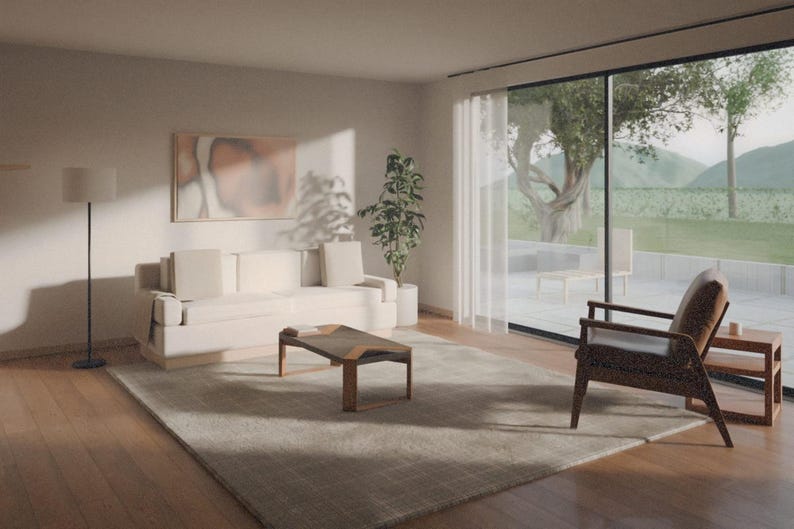 Puede incluir: Una sala de estar con un sof&aacute; de color crema con cojines a juego, una mesa de centro de madera, un sill&oacute;n de madera marr&oacute;n oscuro, una l&aacute;mpara de pie, una planta en maceta y una alfombra grande sobre un suelo de madera con vista al patio.