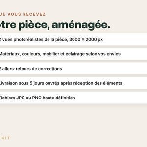 Puede incluir: Un gr&aacute;fico informativo de servicio digital con el texto CE QUE VOUS RECEVEZ, Votre pi&egrave;ce, am&eacute;nag&eacute;e, y una lista de cinco elementos que incluyen 2 vistas fotorrealistas, materiales personalizados, 2 rondas de revisi&oacute;n, entrega en 5 d&iacute;as y archivos HD.