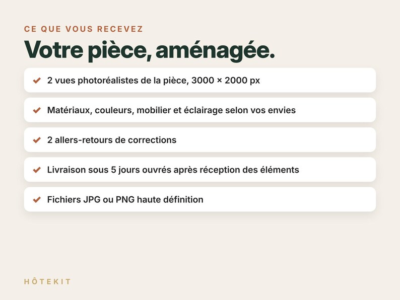Puede incluir: Un gr&aacute;fico informativo de servicio digital con el texto CE QUE VOUS RECEVEZ, Votre pi&egrave;ce, am&eacute;nag&eacute;e, y una lista de cinco elementos que incluyen 2 vistas fotorrealistas, materiales personalizados, 2 rondas de revisi&oacute;n, entrega en 5 d&iacute;as y archivos HD.