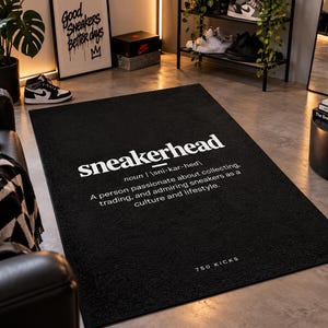 Sneakerhead Area Rug, Sneaker Lover Gift, Black Typography Rug, Sneaker Room Decor, Streetwear Home Decor, Shoe Collector Gift 750 KICKS