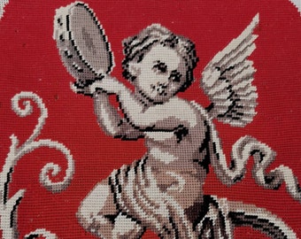 Embroidered, cherub, Antique French embroidered cherub panel, decorative  panel, 19th century embroidery.