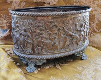 Antique Repoussé Brass Cache Pot, French Antiques, C1880, Romantic Decor, Home Decor.