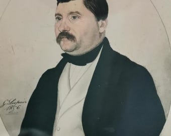 19th Century French Gentleman Portrait, Pencil Gouache Painting, Bourgeois Wall Art