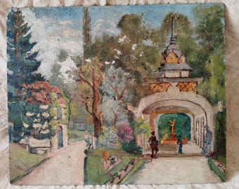 Antique French oil paintings, primitive 1920s paintings, French country decor.Impressionist paintings.