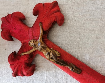 French Vintage Gilt Metal Crucifix on Red Silk Velvet, Large Devotional Wall Art